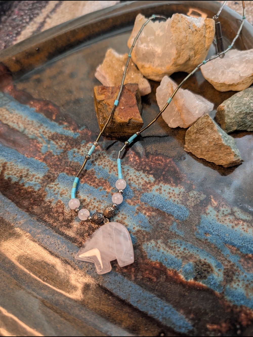 Handmade Rose Quartz Pendant Necklace - Turquoise & Pink